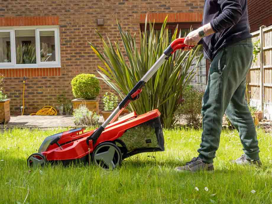 Battery Powered Electric Lawn Mower In The Garden